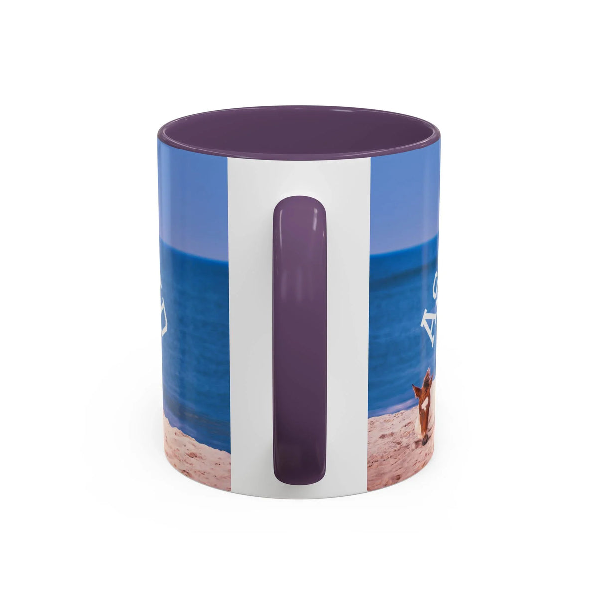 Ceramic coffee mug with wild horse beach photography and purple accent handle.