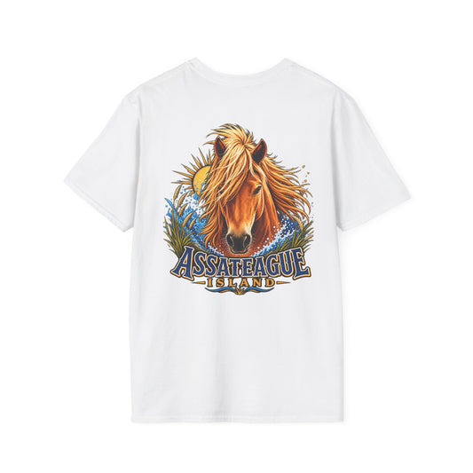 White T-shirt featuring an illustration of an Assateague Island wild pony with ocean waves.