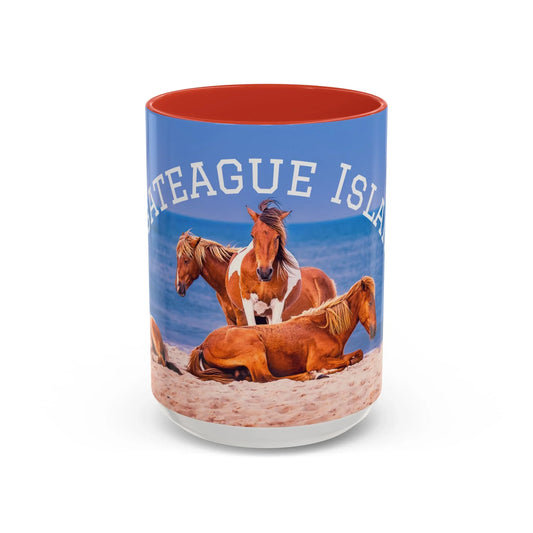 Jeff H Travels ceramic coffee mug featuring wild horses on a sandy beach with blue ocean.