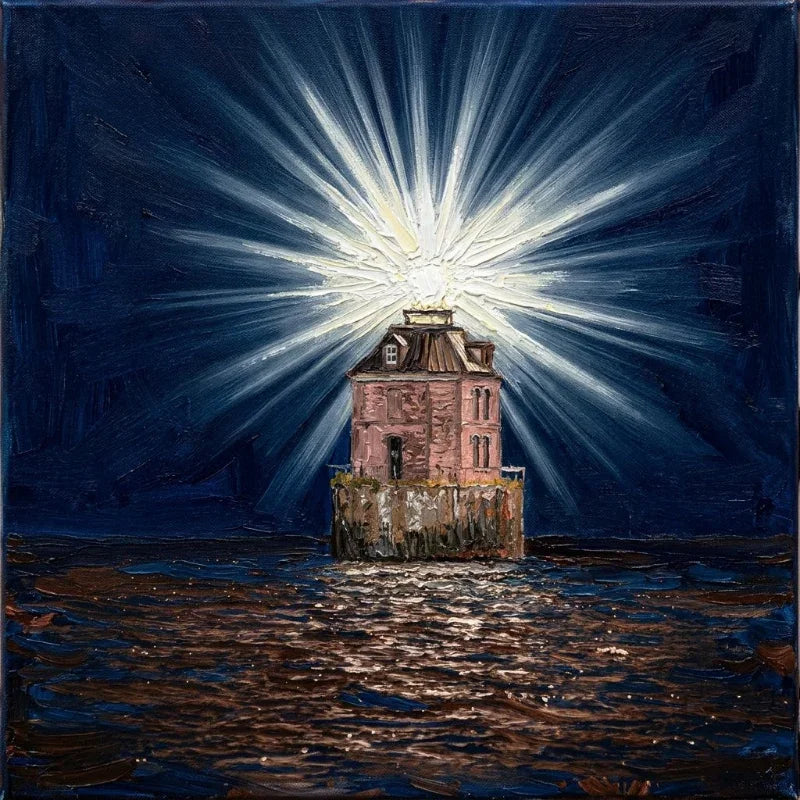 Cinematic oil painting of Sandy Point Shoal Light in Maryland under a bright sunburst.
