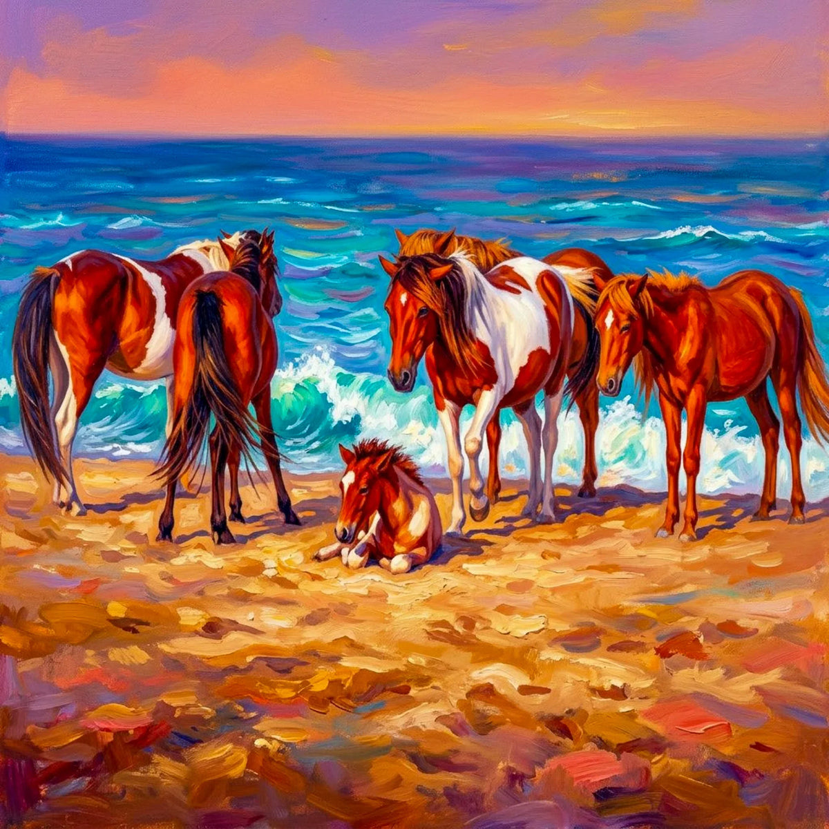 Oil painting of wild ponies on Assateague Island beach at sunset.