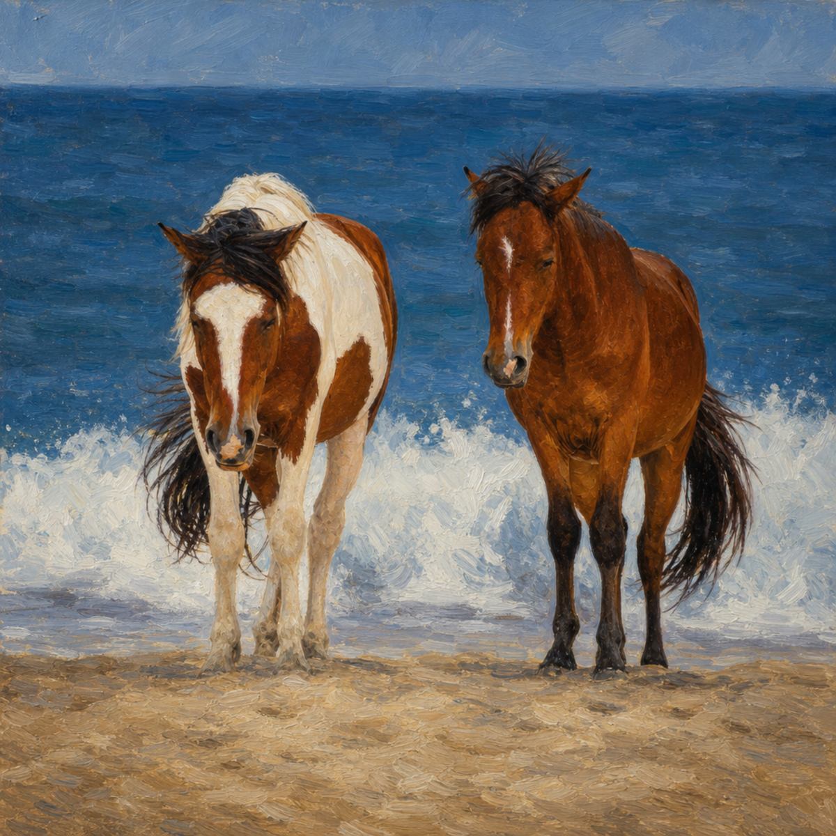 Two wild ponies standing on Assateague Island beach with ocean waves in the background.