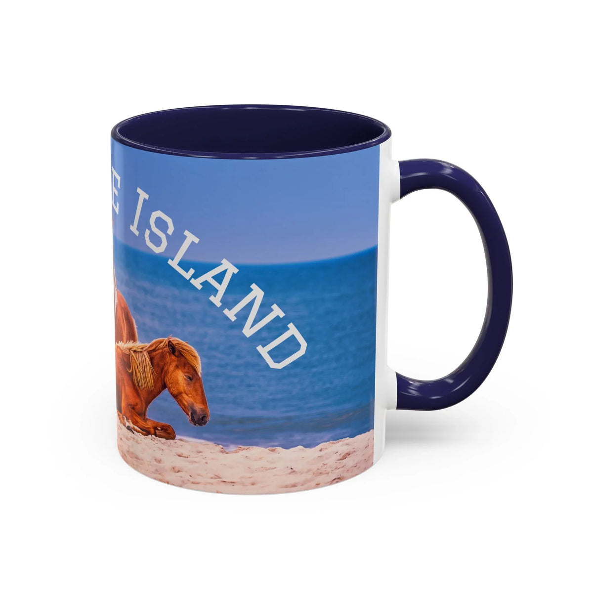 Jeff H Travels ceramic mug featuring a wild horse on a sandy beach with blue ocean background