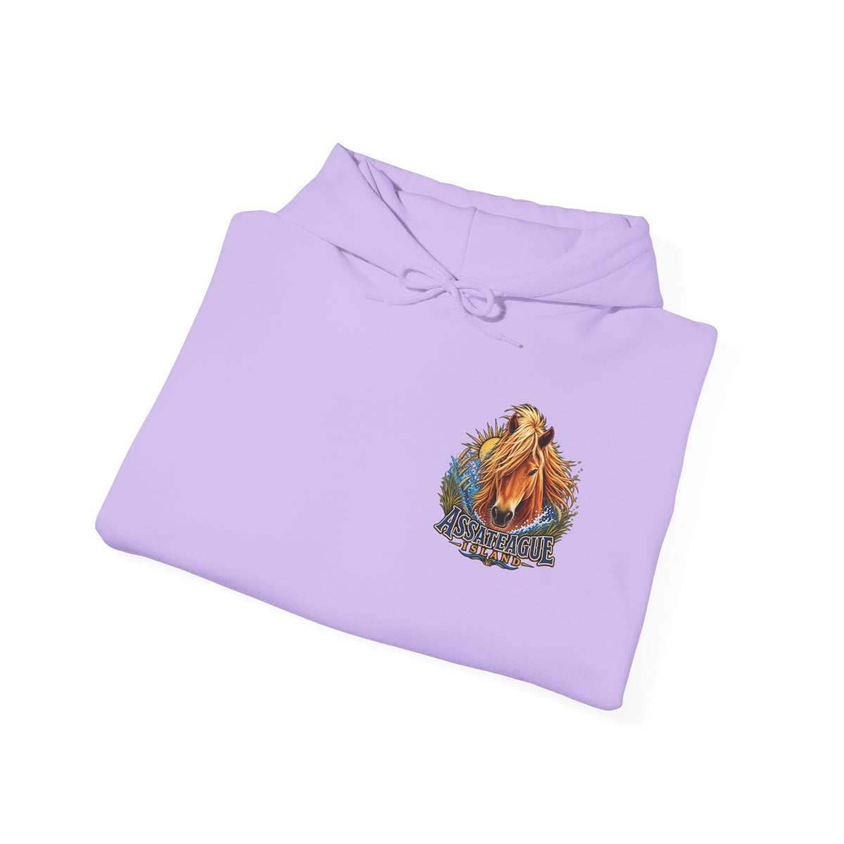 Light purple Jeff H Travels hoodie featuring an Assateague Island wild pony graphic.