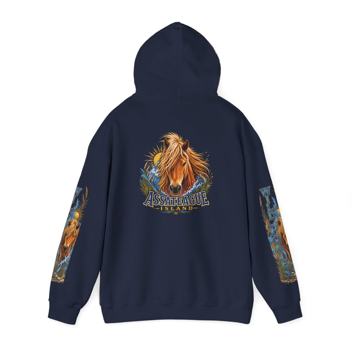 Back view of a navy blue Jeff H Travels hoodie featuring an Assateague Island wild pony graphic.