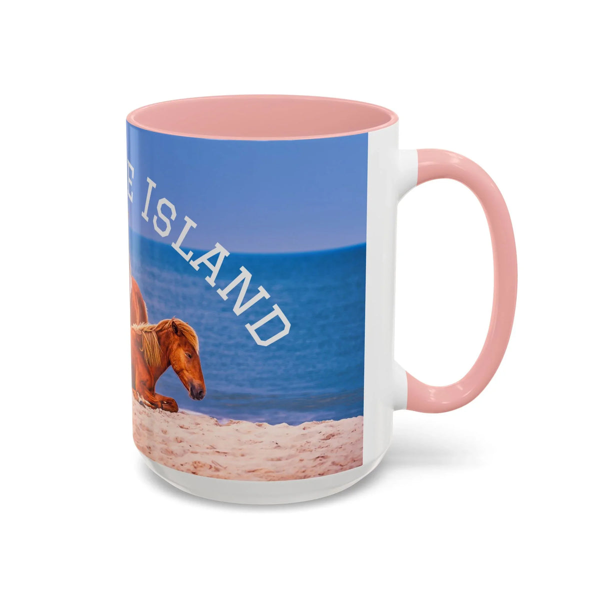 Ceramic coffee mug with wild horse beach photography and pink handle by Jeff H Travels