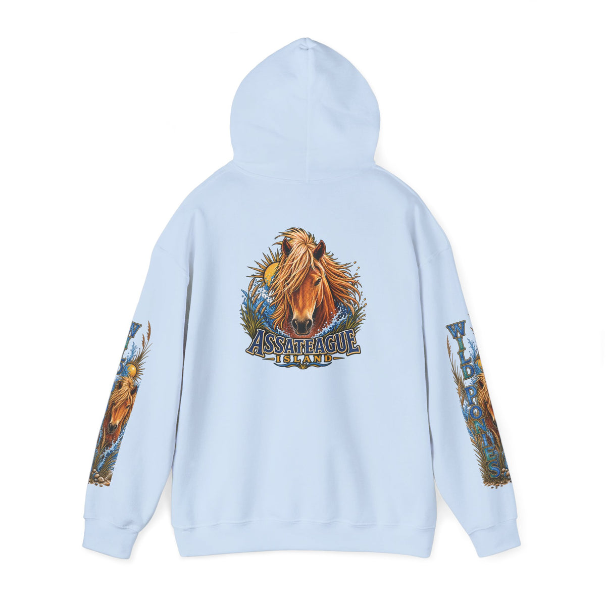 Back view of a light blue Jeff H Travels hoodie featuring a wild Assateague Island pony graphic