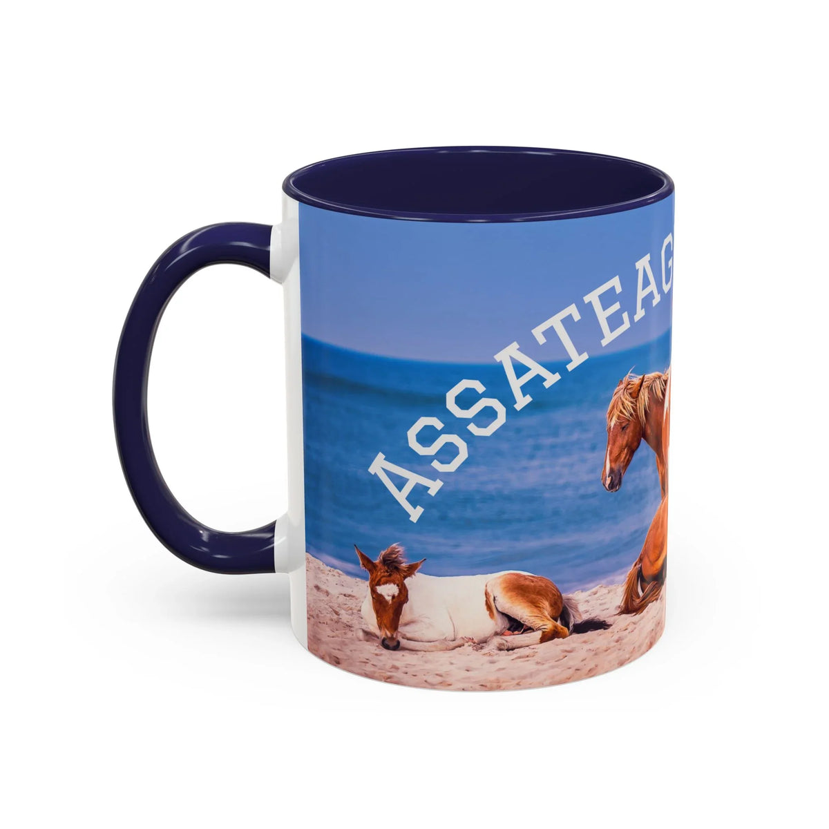 Jeff H Travels ceramic mug featuring wild horses on a beach with Assateague text.