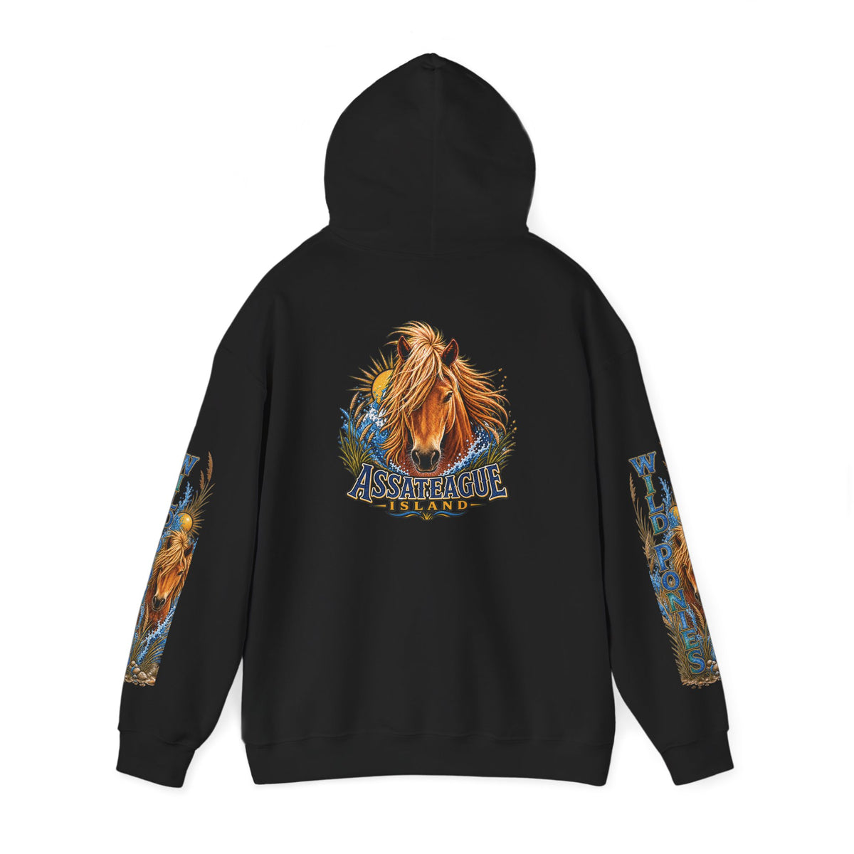 Black Jeff H Travels hoodie featuring a wild pony graphic and Assateague Island text.