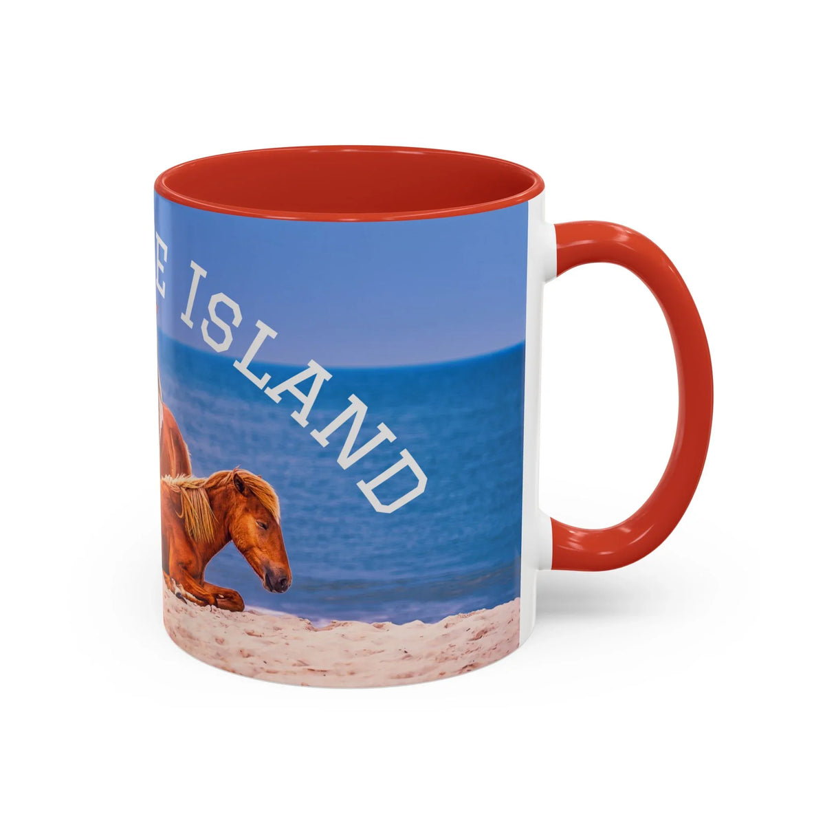 Jeff H Travels ceramic coffee mug featuring wild horses on a beach with 'ISLAND' text.