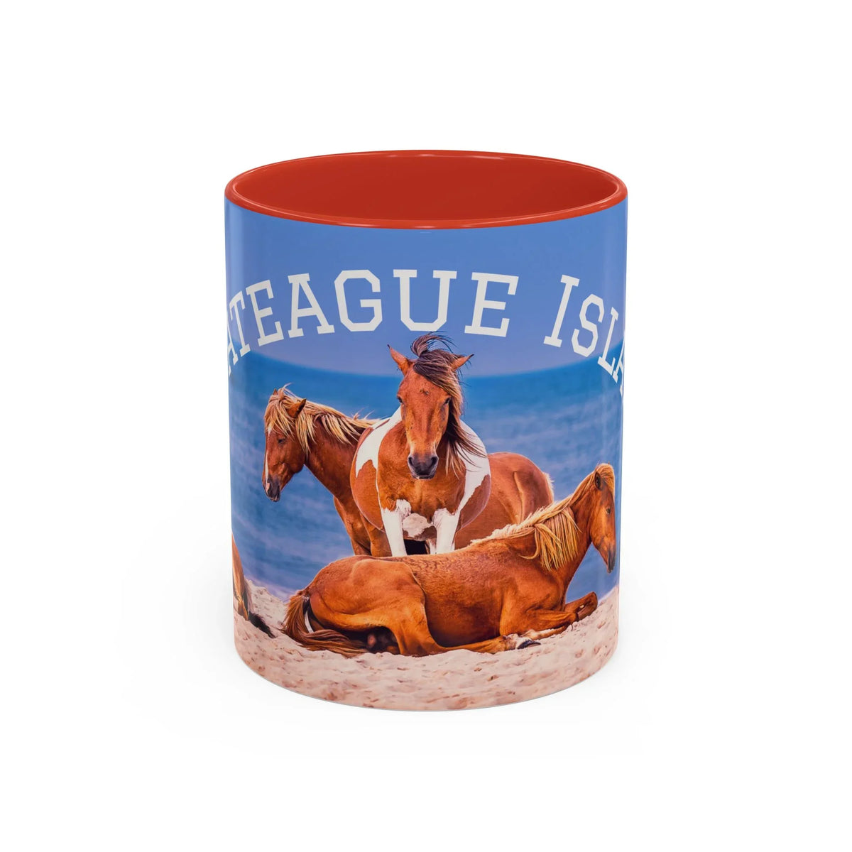 Jeff H Travels ceramic mug featuring wild horses on a sandy beach with ocean backdrop