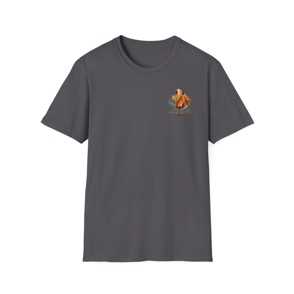 Dark grey Jeff H Travels t-shirt featuring an artistic graphic of an Assateague wild pony.