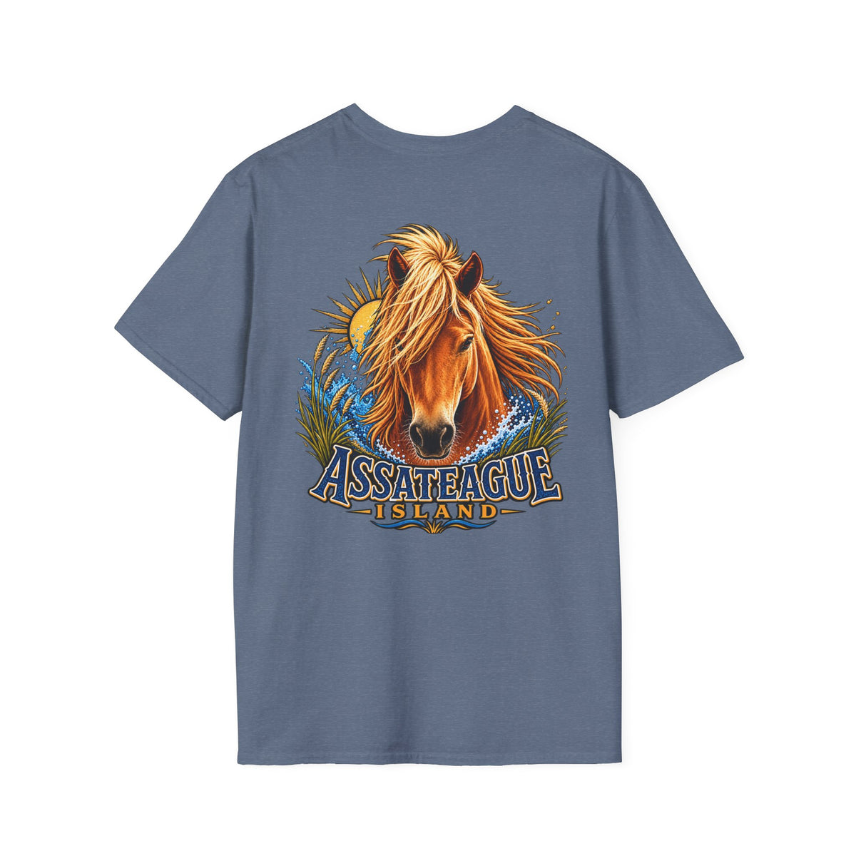 Blue t-shirt featuring a wild Assateague Island pony graphic with ocean waves and sun.