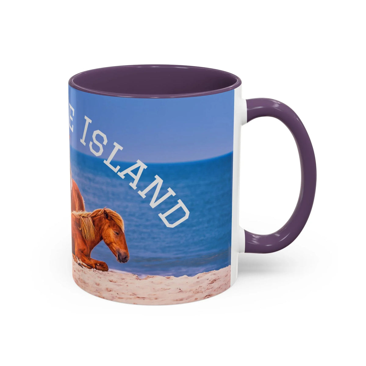 Ceramic coffee mug featuring wild horses on a sunny beach with blue ocean waves.