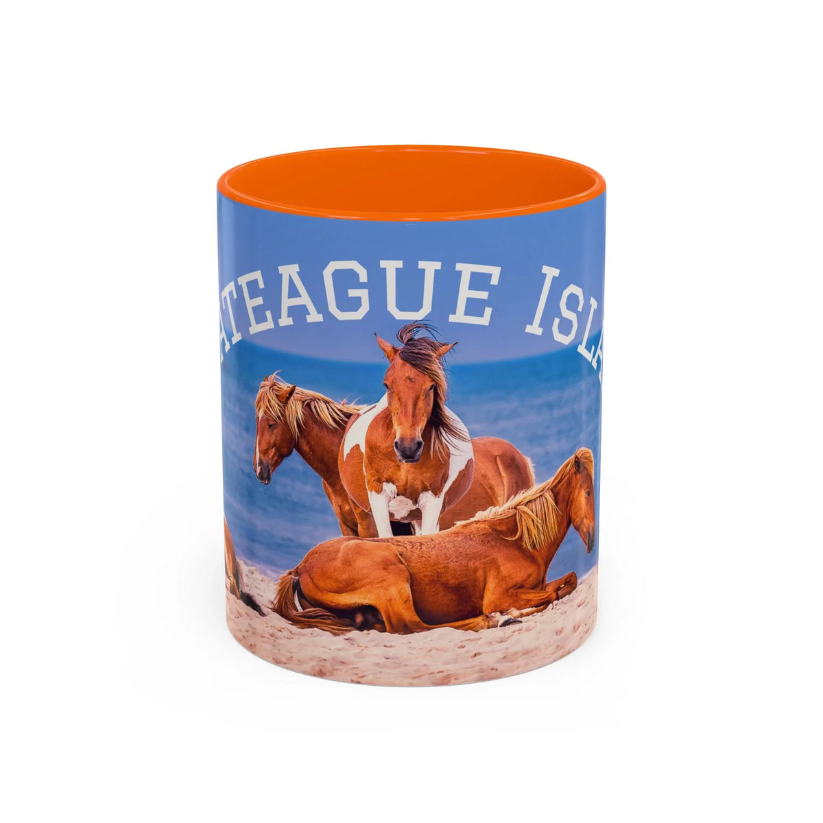 Ceramic coffee mug featuring wild horses on a beach with Outer Banks text.