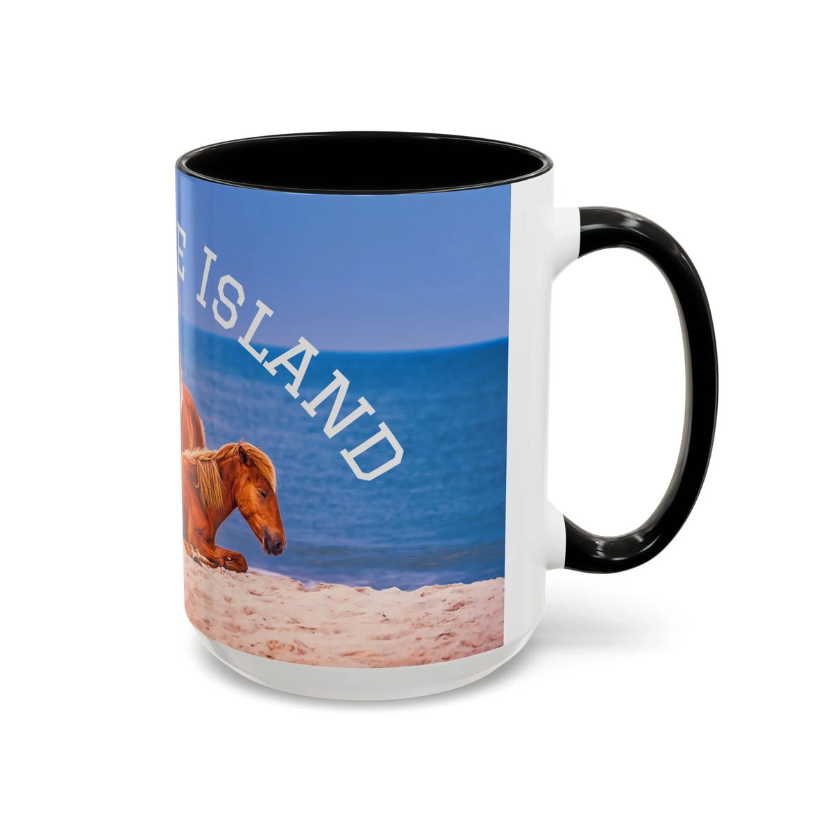 Ceramic coffee mug with wild horse beach photography and Island text by Jeff H Travels