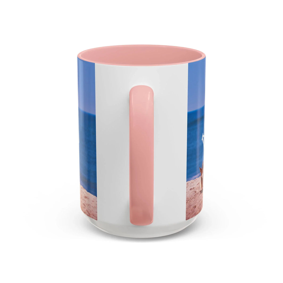 Ceramic coffee mug with wild horse beach photography and pink handle by Jeff H Travels