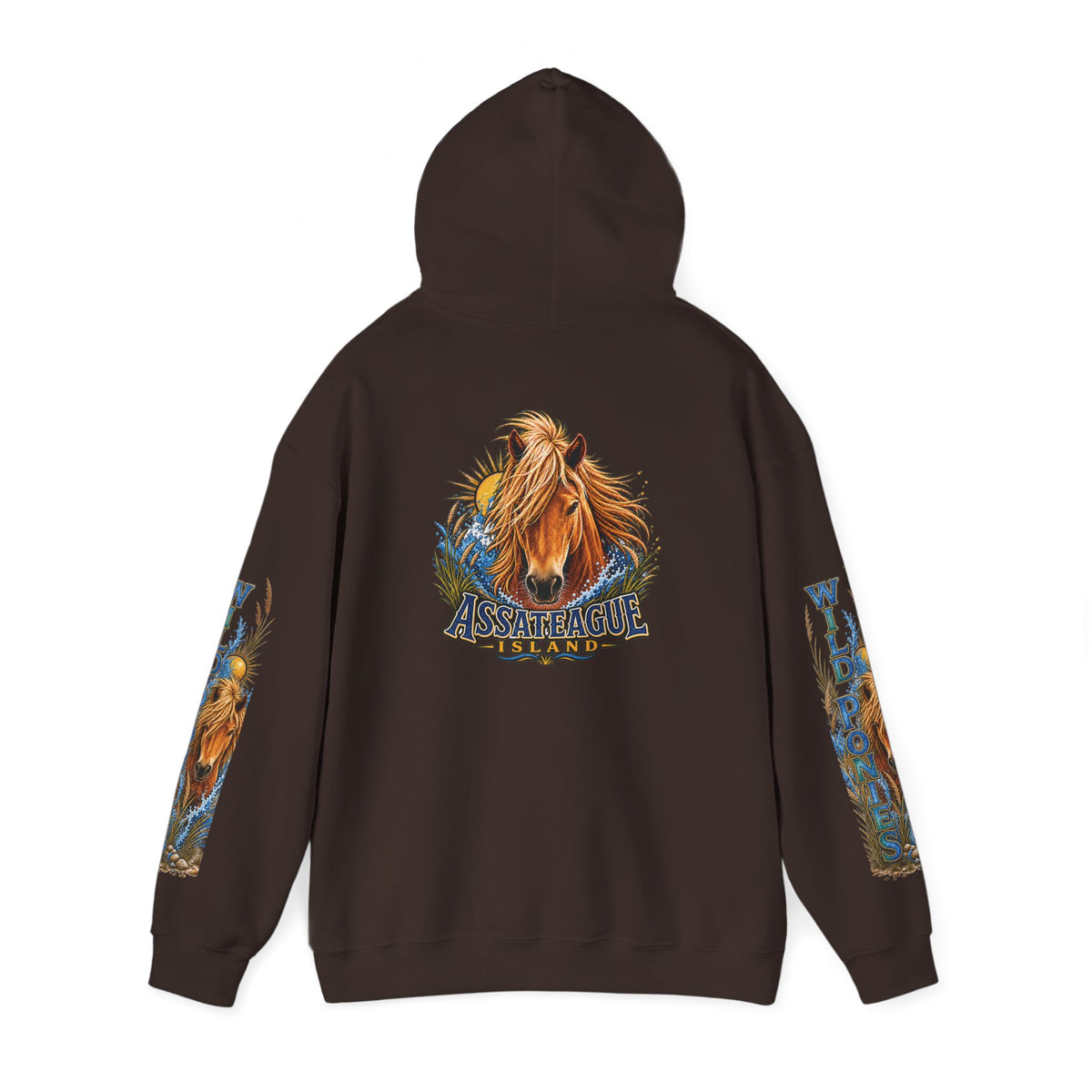 Brown Jeff H Travels hoodie featuring an Assateague Island wild pony graphic on the back and sleeve.