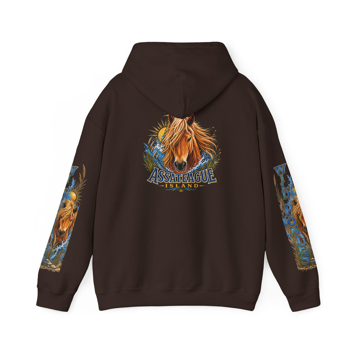 Back view of a brown Jeff H Travels hoodie featuring an Assateague Island wild pony graphic.