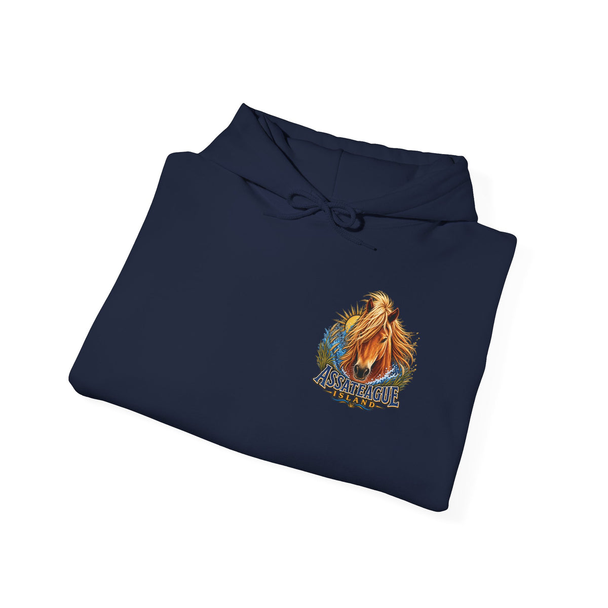 Navy blue Jeff H Travels hoodie featuring a graphic of an Assateague Island wild pony.