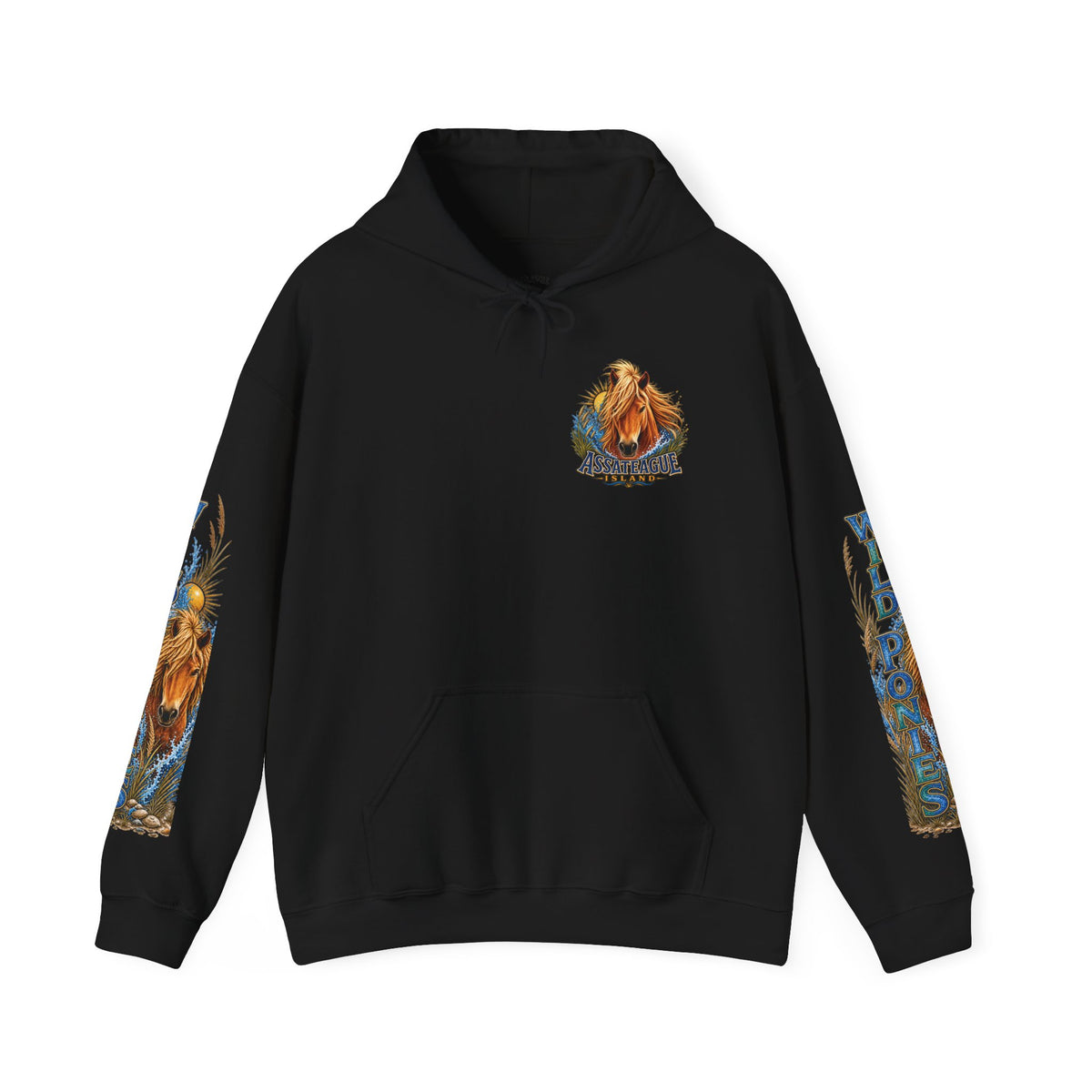 Black Jeff H Travels hoodie featuring Assateague Island wild pony graphics on chest and sleeves.