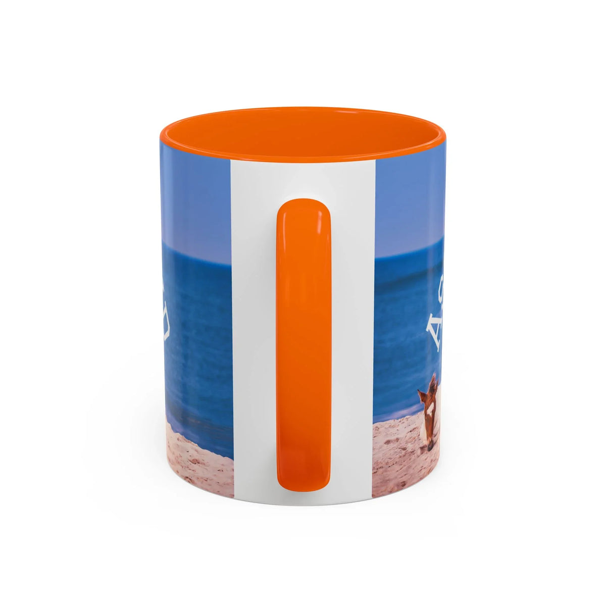Jeff H Travels ceramic coffee mug featuring a coastal beach scene with a wild horse