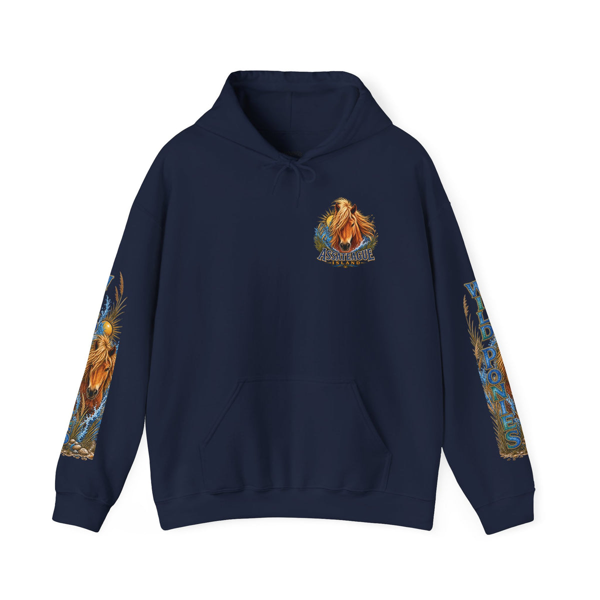 Navy blue Assateague Island Wild Pony graphic hoodie by Jeff H Travels