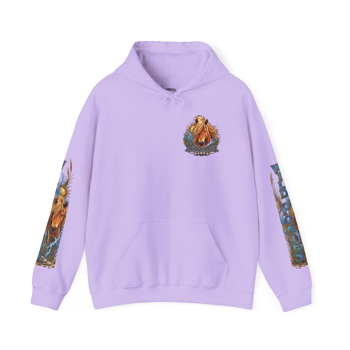 Light purple Jeff H Travels hoodie featuring Assateague Island wild pony graphics.