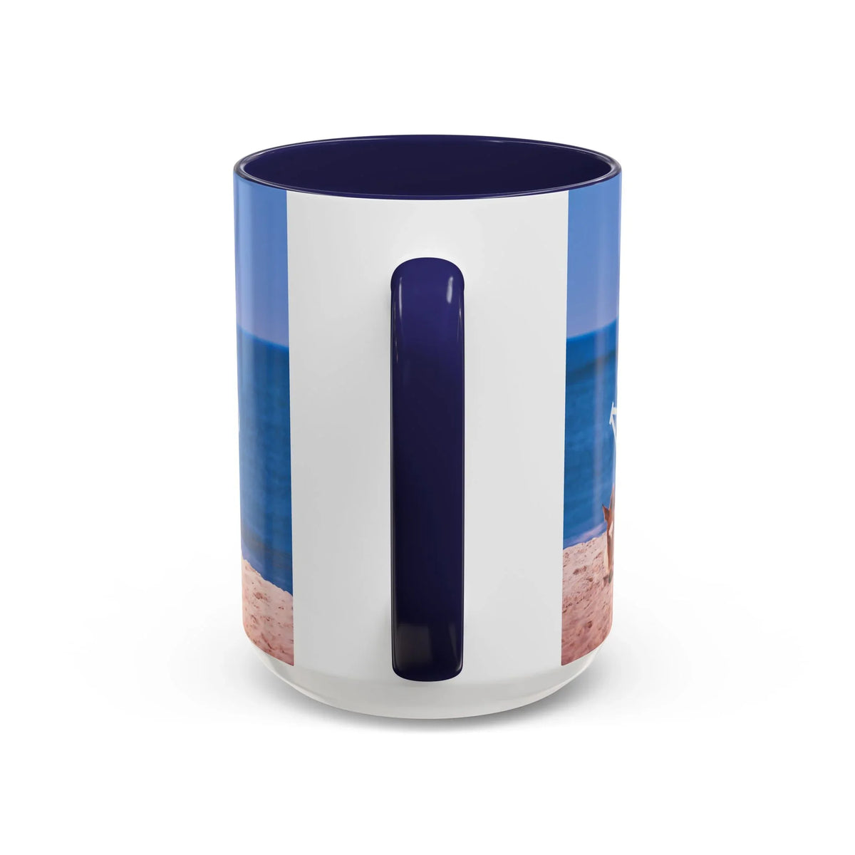 Ceramic coffee mug with wild horse beach photography and blue accent handle by Jeff H Travels