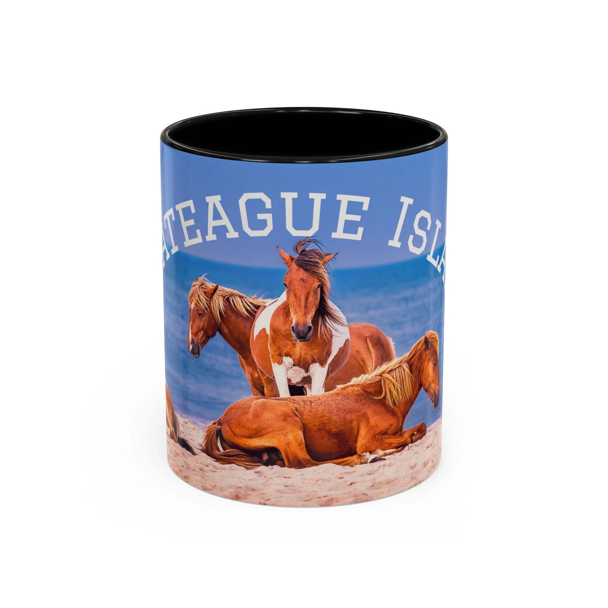 Jeff H Travels ceramic mug featuring wild horses on a sandy beach with coastal scenery.