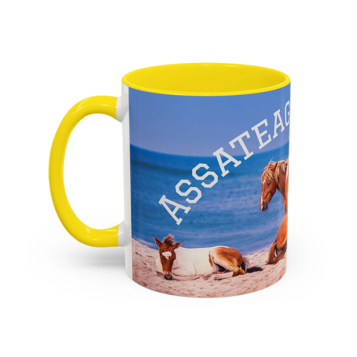 Ceramic coffee mug with Assateague wild horse beach photography and yellow interior.