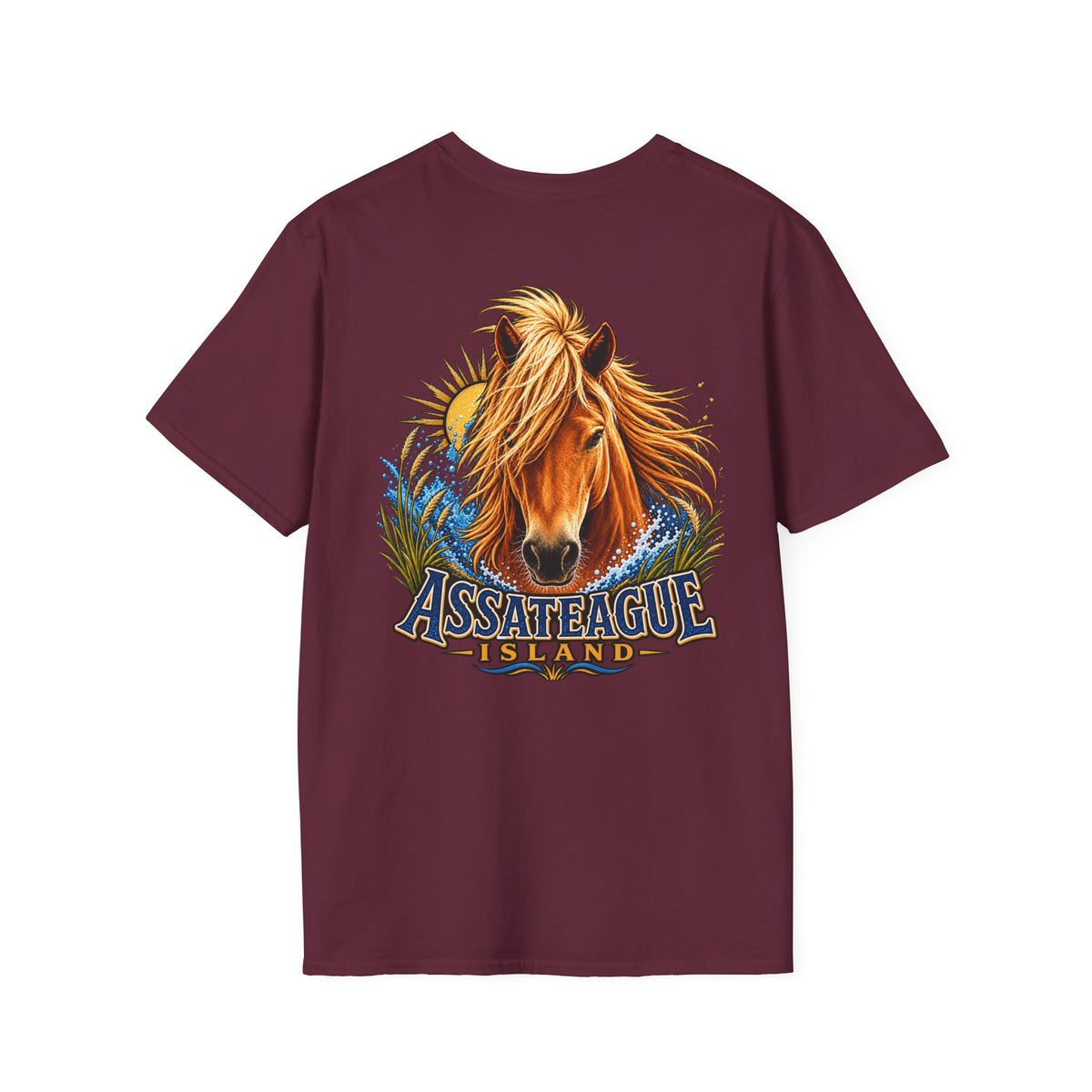 Maroon t-shirt featuring a graphic of an Assateague Island wild horse with ocean waves.