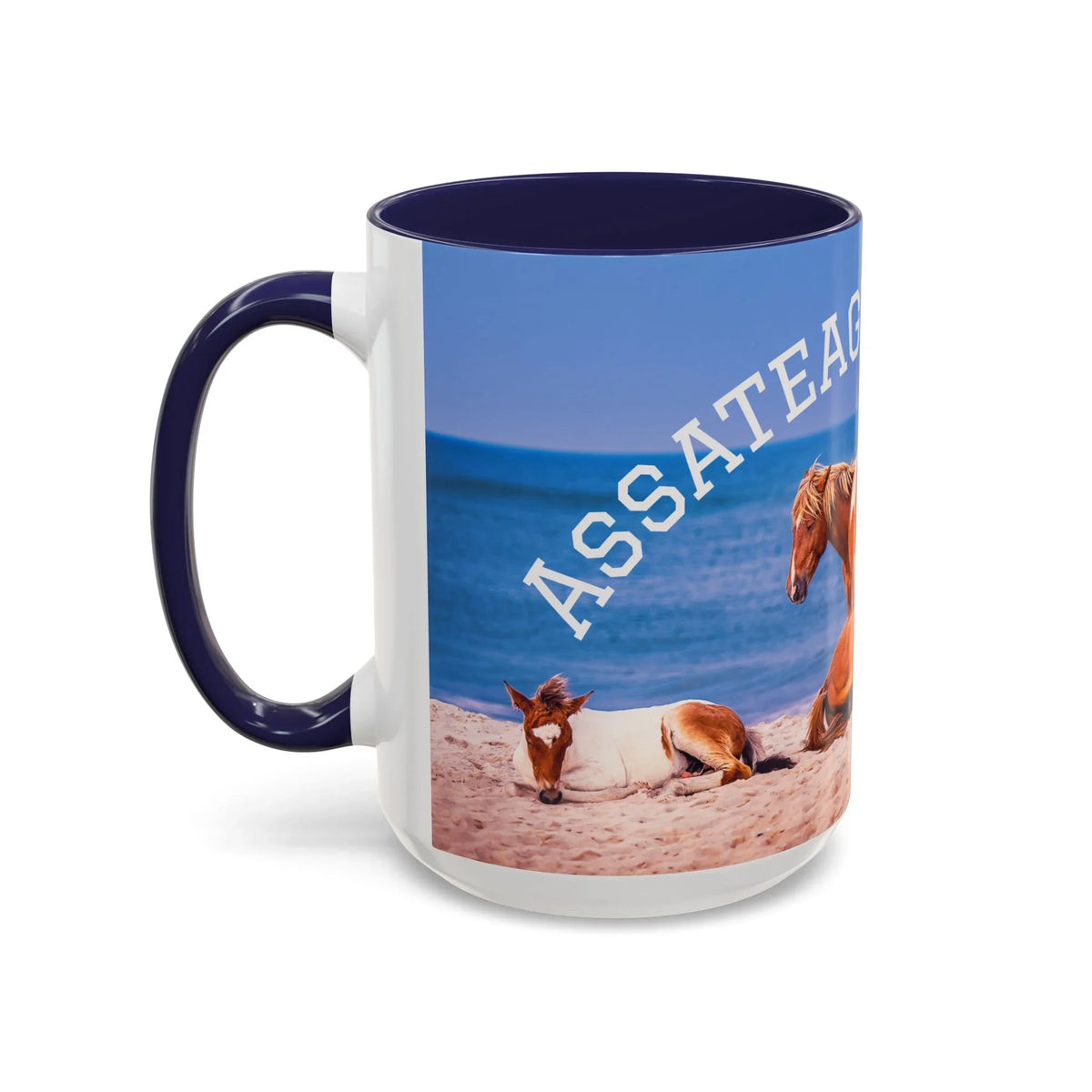 Ceramic coffee mug with Assateague wild horses beach photography by Jeff H Travels