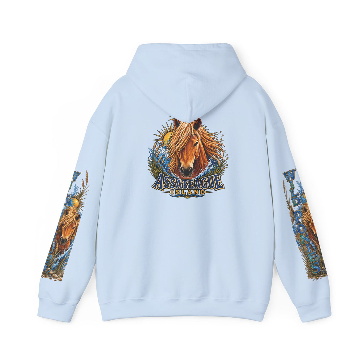 Back view of light blue Jeff H Travels hoodie featuring Assateague Island wild pony graphics.