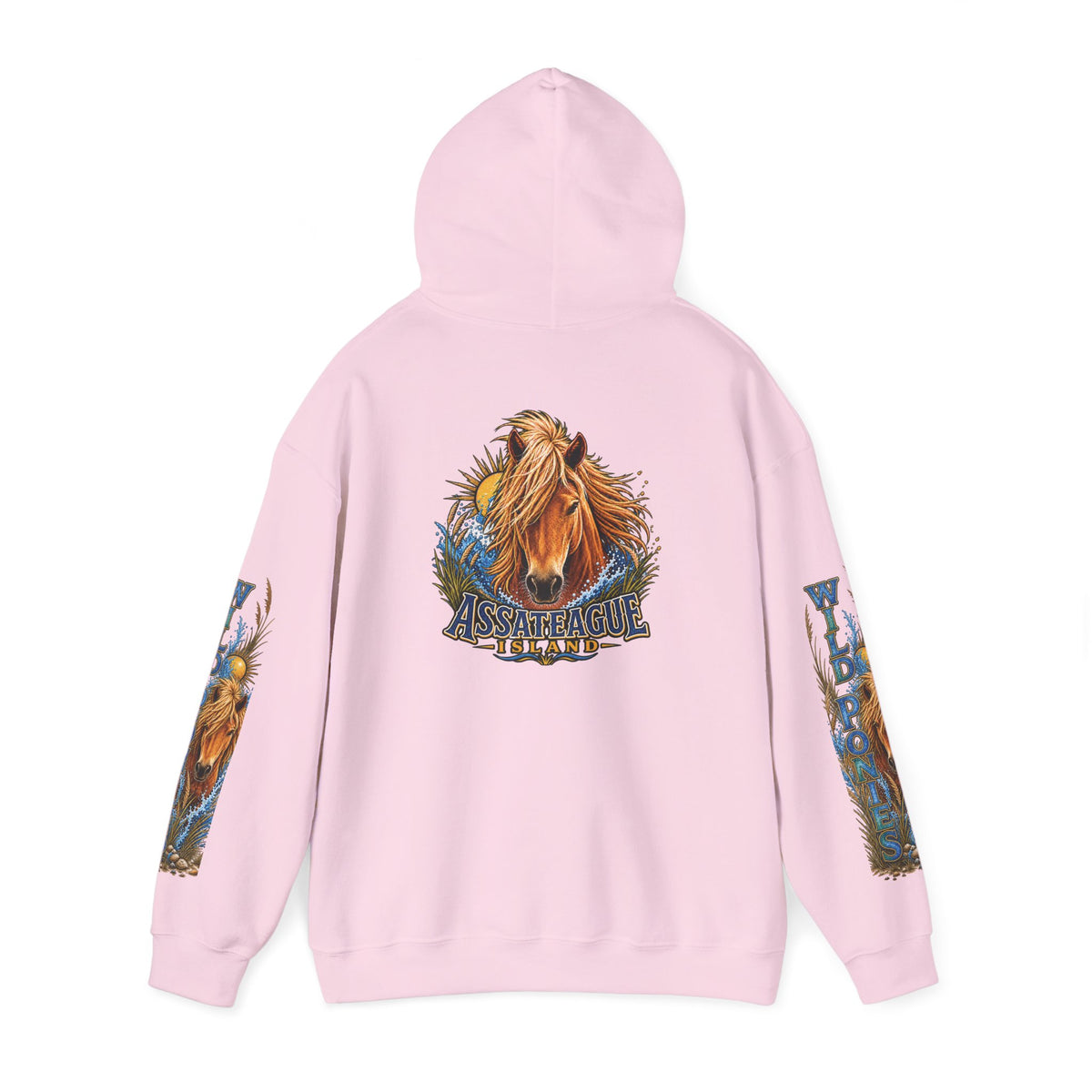 Back view of a light pink Jeff H Travels hoodie featuring an Assateague Island wild pony graphic.