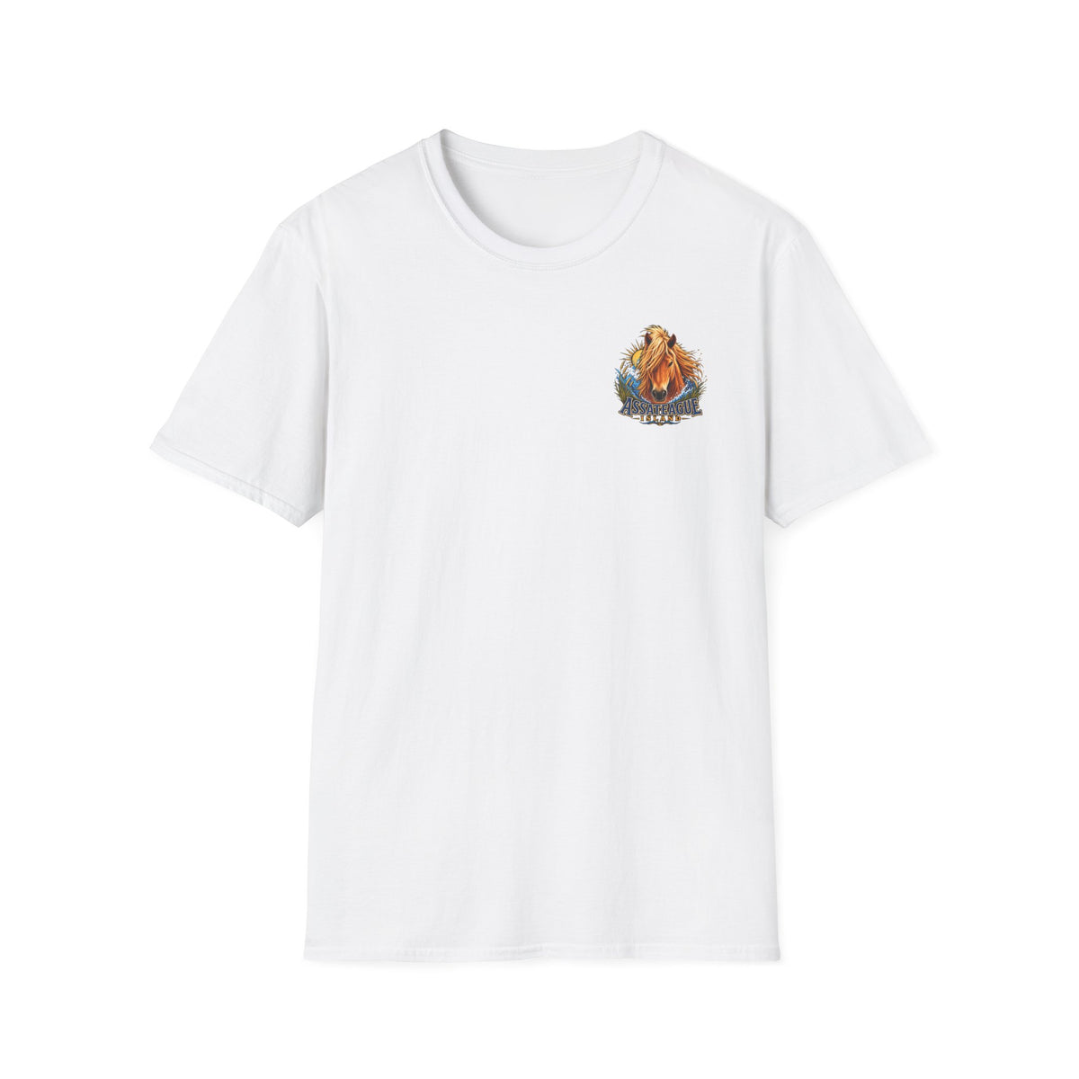 White Jeff H Travels t-shirt featuring a Wild Ponies Assateague Island graphic on the chest.