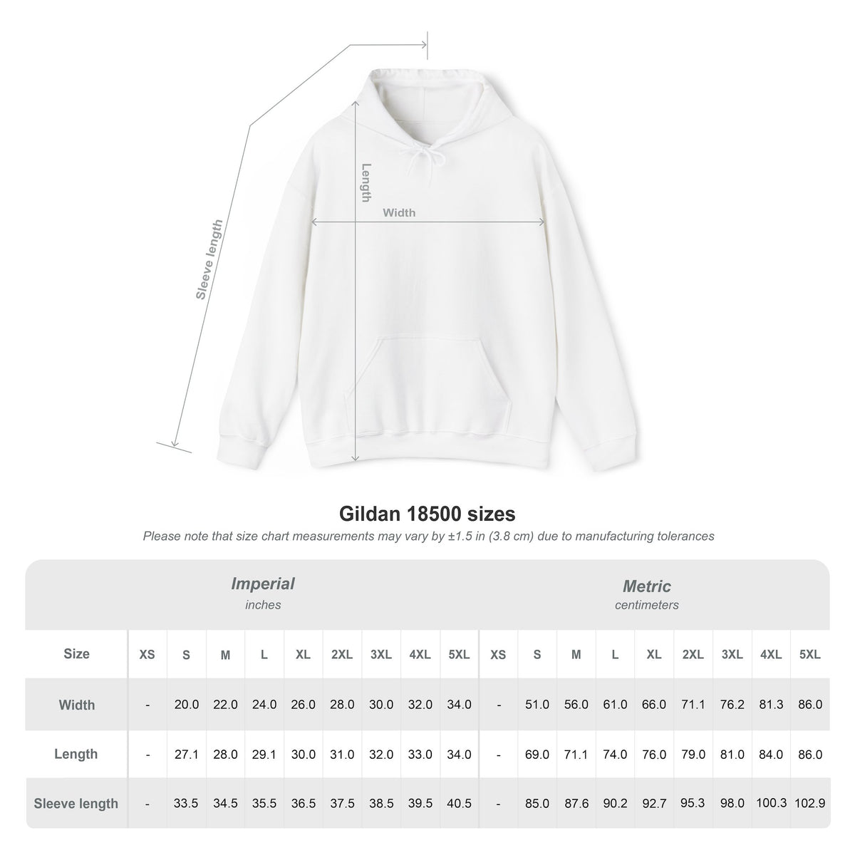 Size chart for Jeff H Travels Gildan 18500 hoodie with imperial and metric measurements.