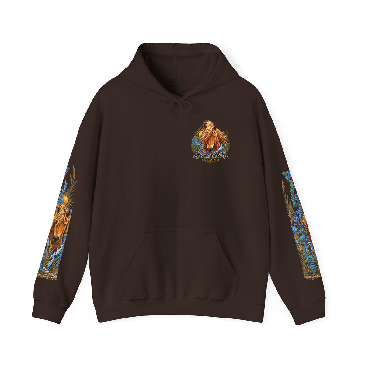 Brown Jeff H Travels hoodie featuring Assateague Island wild pony graphic art on chest and sleeves