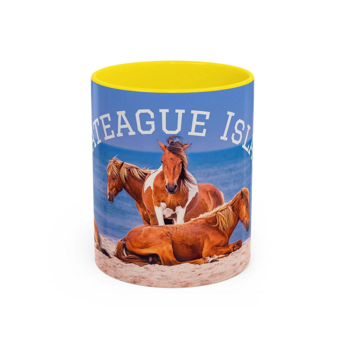 Ceramic coffee mug with wild horse beach photography and Outer Banks style coastal decor.
