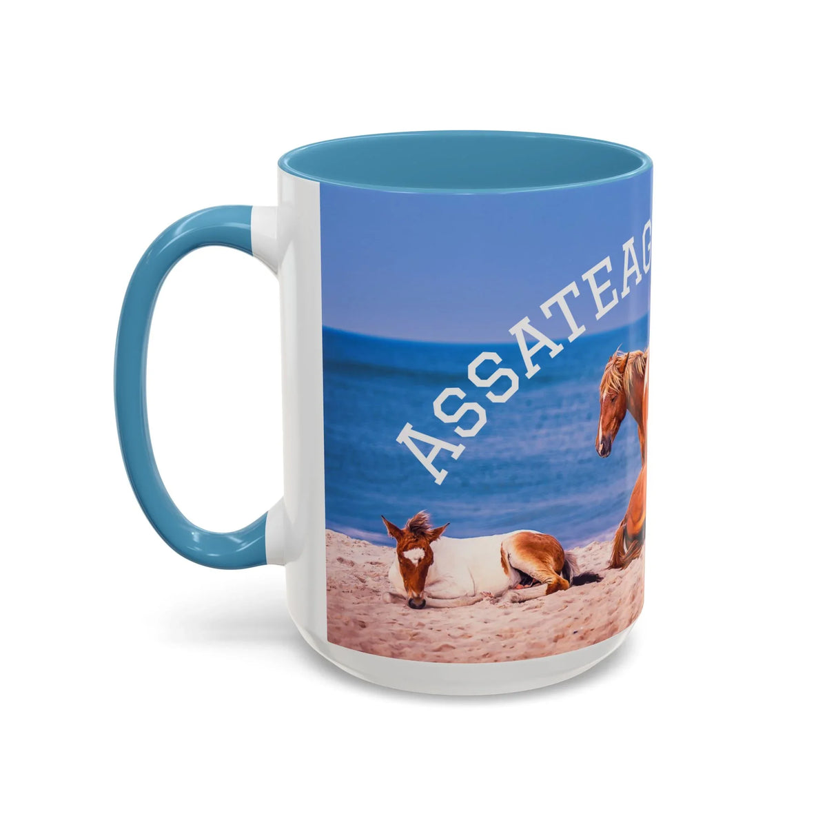 Ceramic coffee mug with Assateague wild horse beach photography by Jeff H Travels