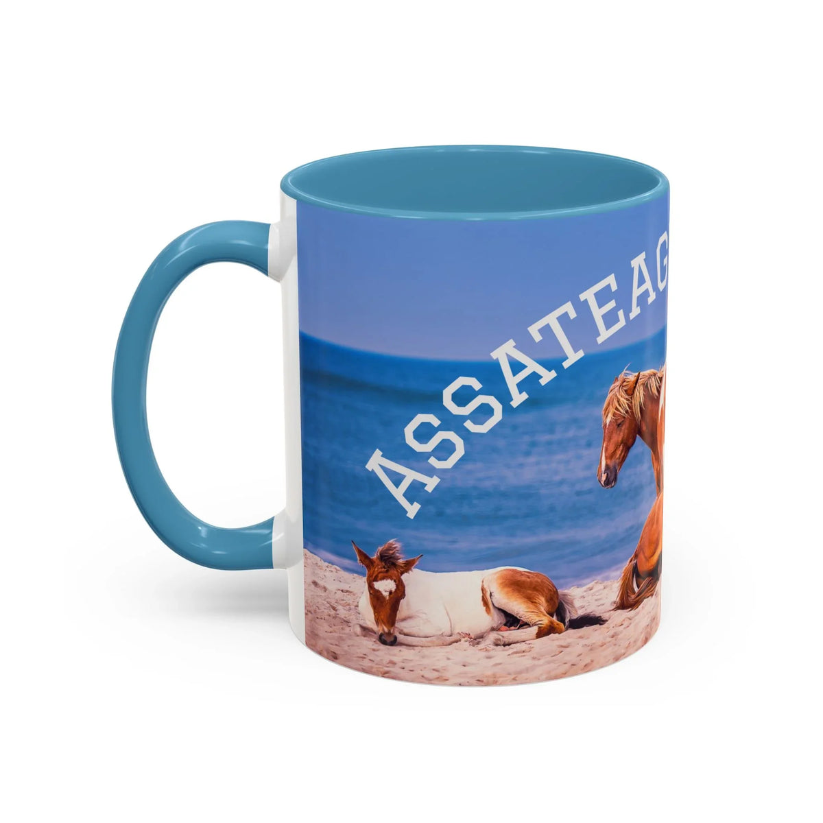 Jeff H Travels ceramic coffee mug featuring wild horses on Assateague beach.
