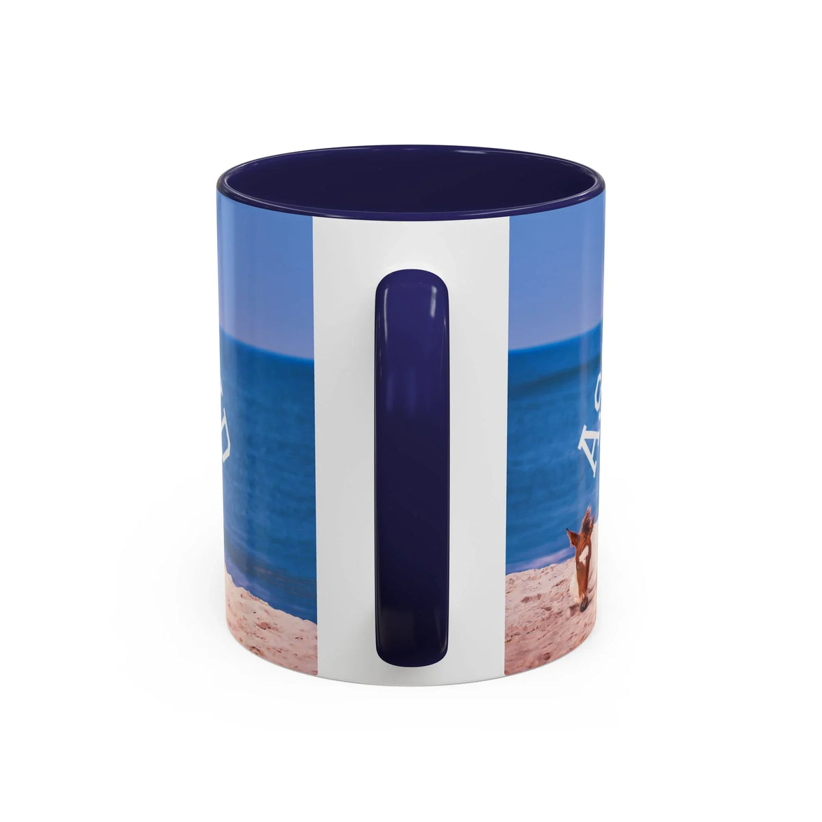 Jeff H Travels beach-themed ceramic coffee mug featuring a wild horse on a coastal shore