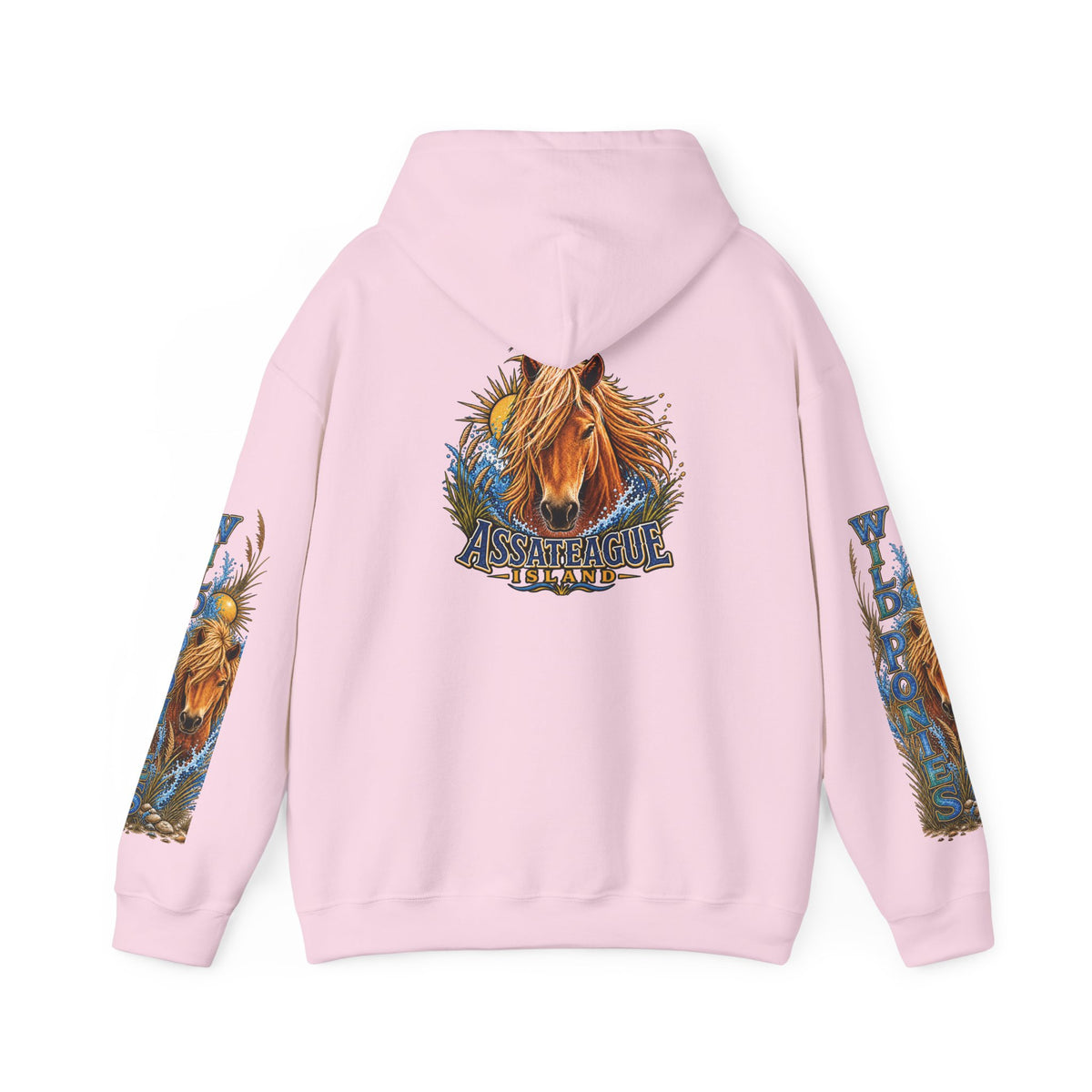 Back view of a light pink Jeff H Travels hoodie featuring Assateague Island wild pony graphics.