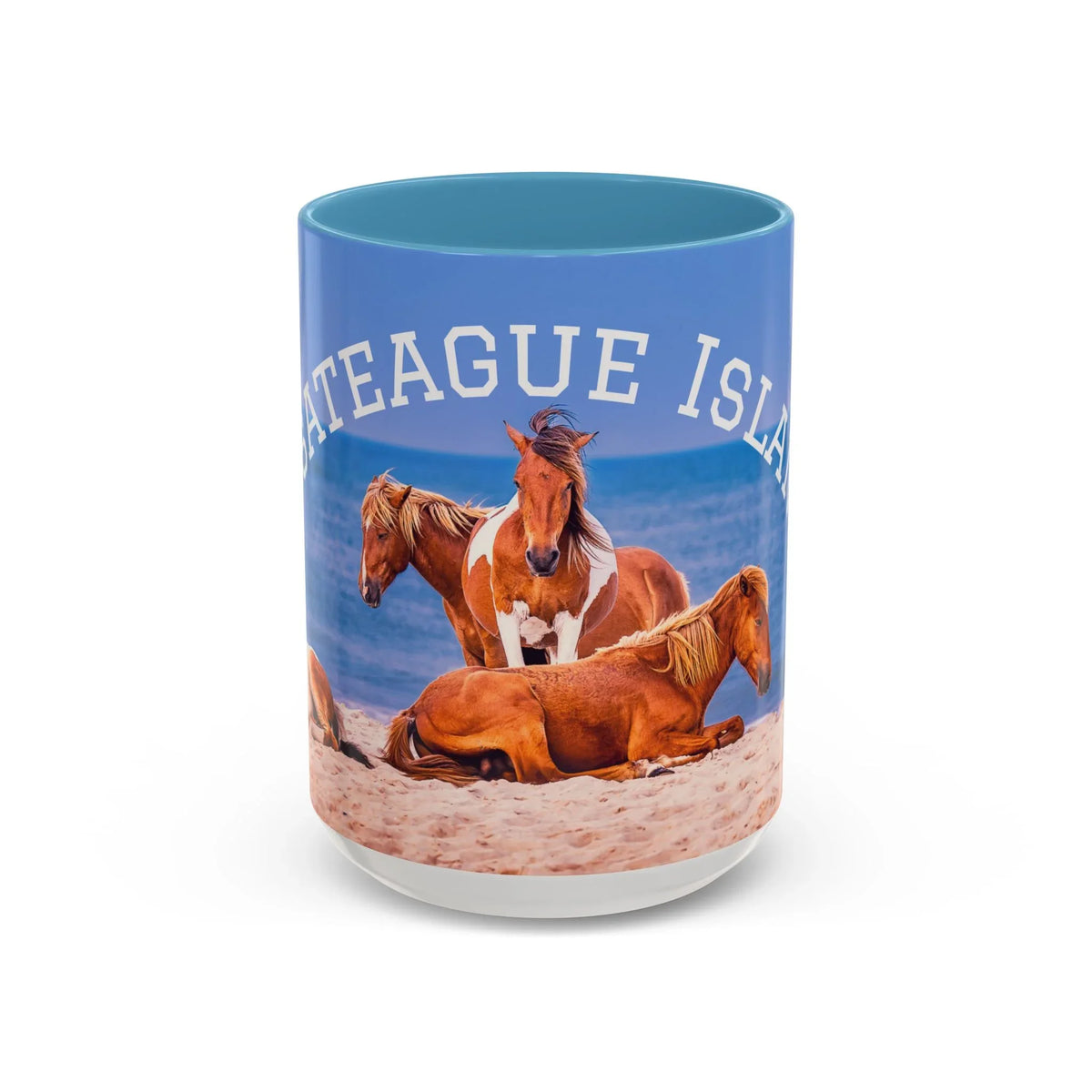Jeff H Travels ceramic mug featuring wild horses on a beach under a blue sky
