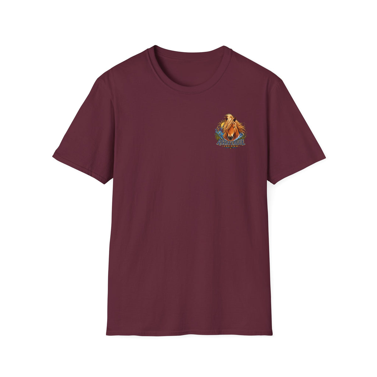 Maroon t-shirt featuring an Assateague Island wild horse graphic.