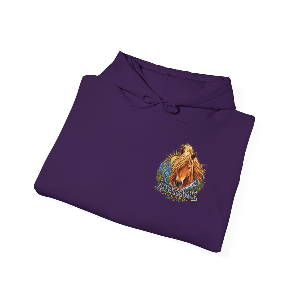 Purple Jeff H Travels hoodie featuring a graphic of an Assateague Island wild pony.