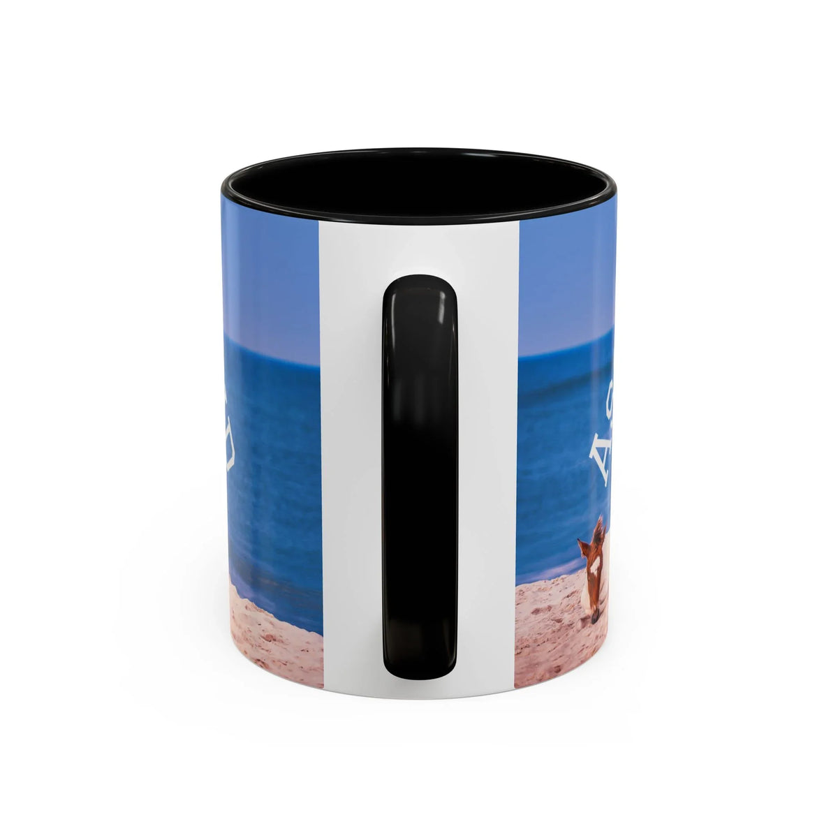 Ceramic coffee mug with wild horse beach photography and coastal blue ocean design.