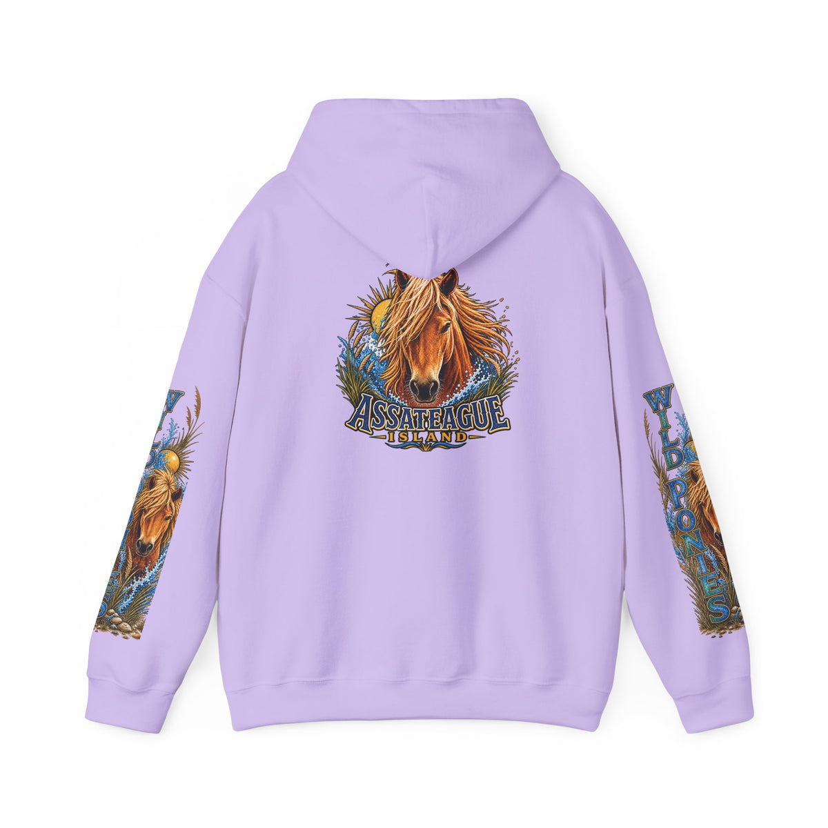 Back view of a lilac Jeff H Travels hoodie featuring a wild pony graphic and Assateague Island text.