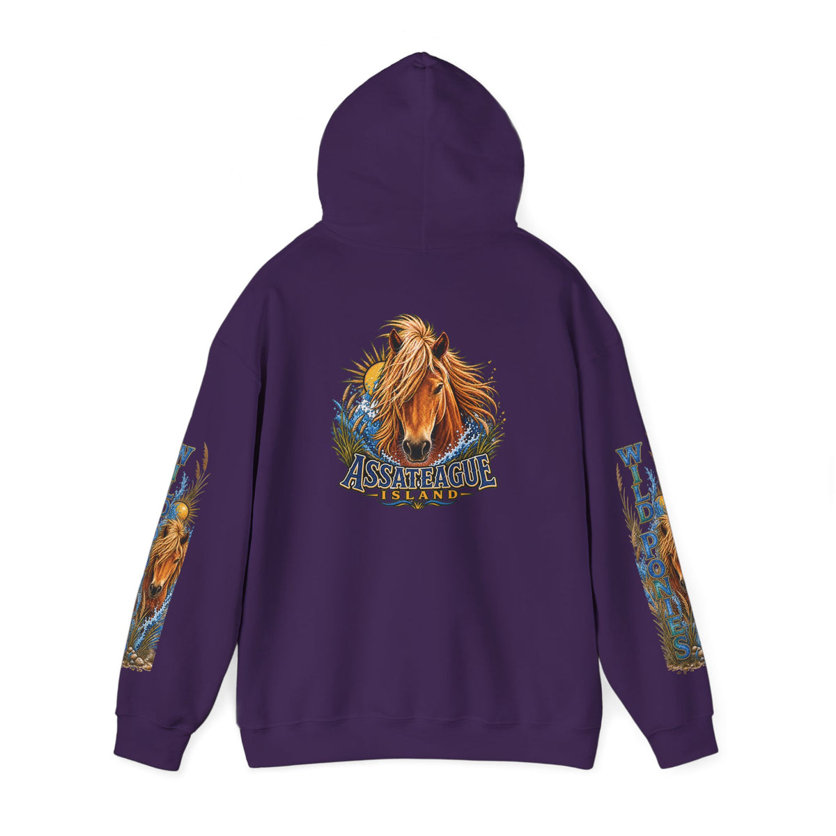 Back view of a purple Jeff H Travels hoodie featuring an Assateague Island wild pony graphic.