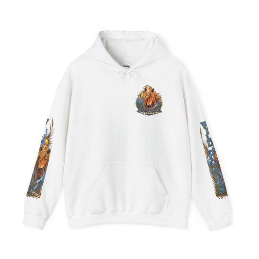 White Jeff H Travels Assateague Island Wild Pony graphic hooded sweatshirt